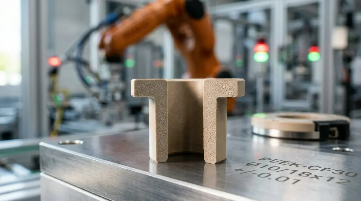 High-tech cross-section of a PEEK flanged bushing showing the T-shape design in an automated assembly line environment